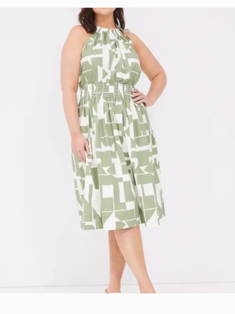 Lane Bryant Womenβsβ Plus Size 26/28 Halter-Neck Smocked-Waist Midi Dress White